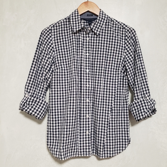Tommy Hilfiger Classic Fit Black White Gingham Plaid Roll Tab Button Down Shirt - Picture 3 of 14